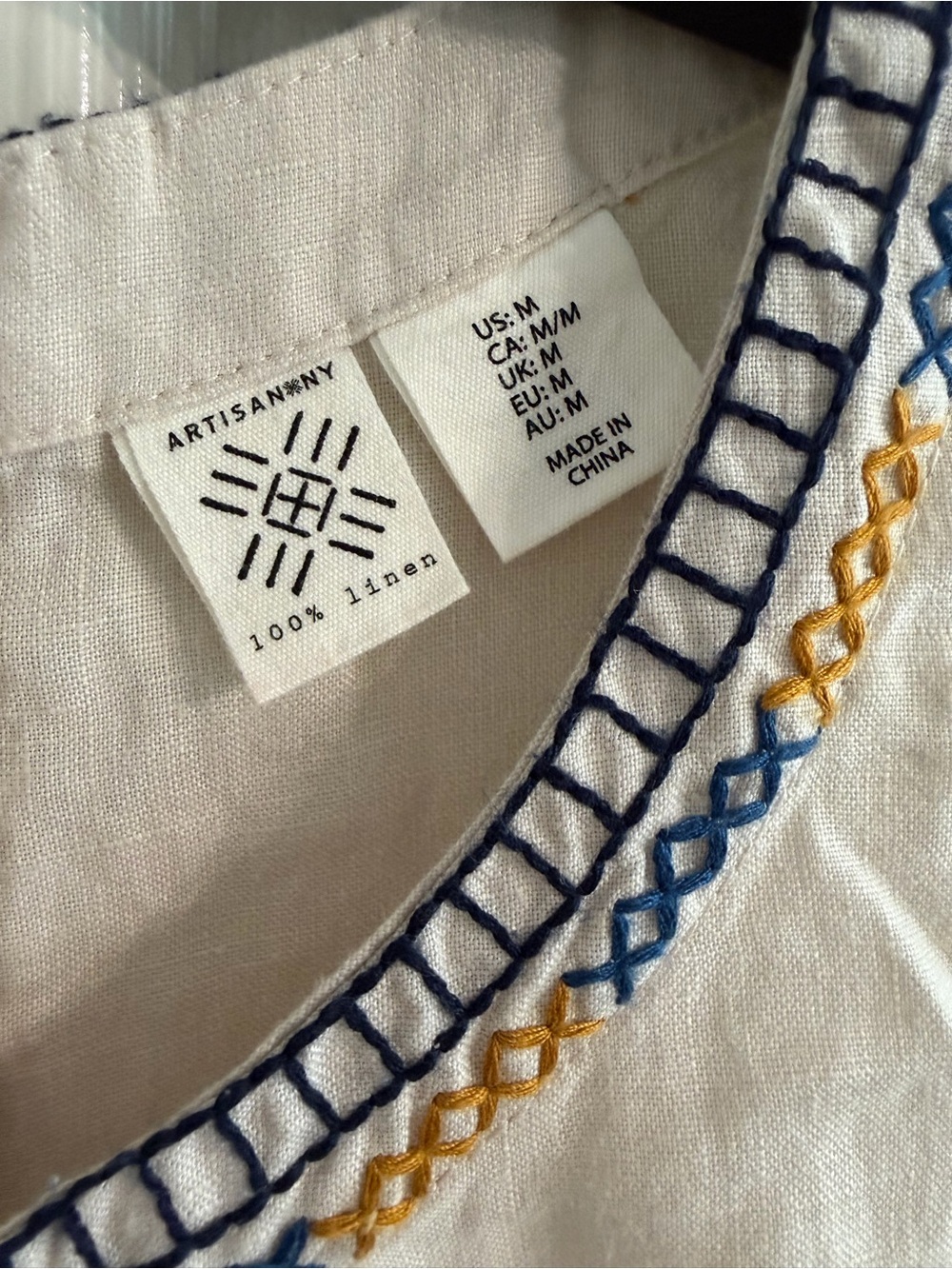 White Embroidered Sleeveless Linen Dress with Blue & Yellow Trim - Picture 3 of 7